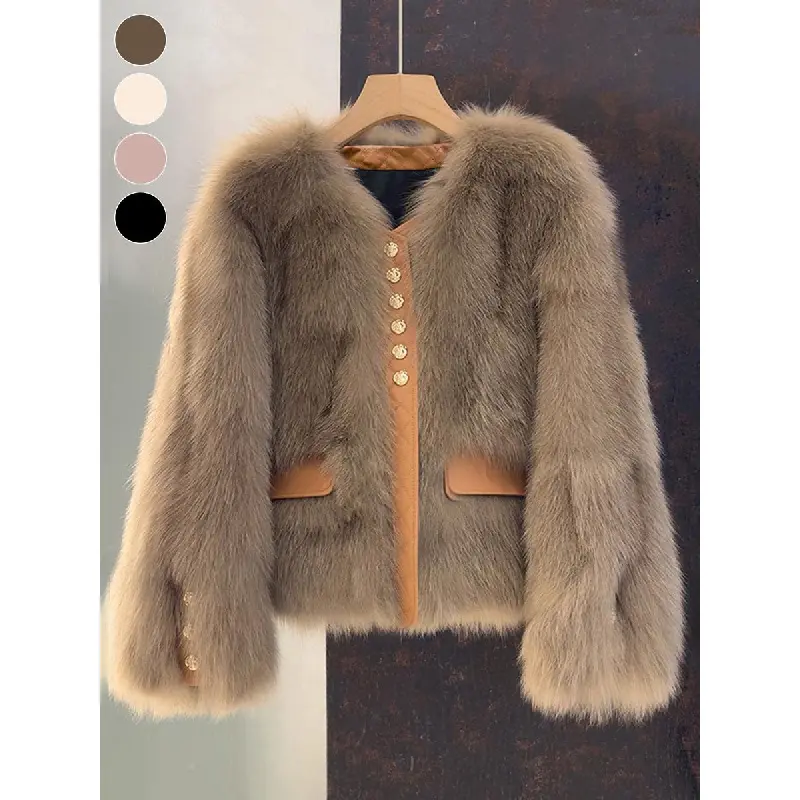 Women's Faux Fox Fur Short Jacket, Long Sleeve Autumn Winter Outerwear with Contrast Trim, Casual New Korean Style Patchwork Coat