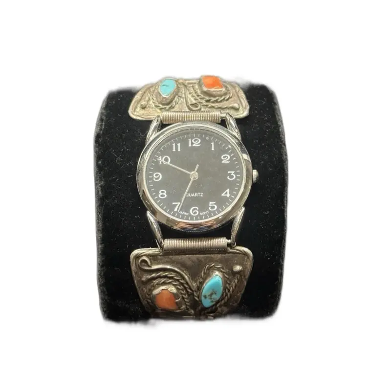 Native American Watch Band with Turquoise and Coral Accents Classic Design