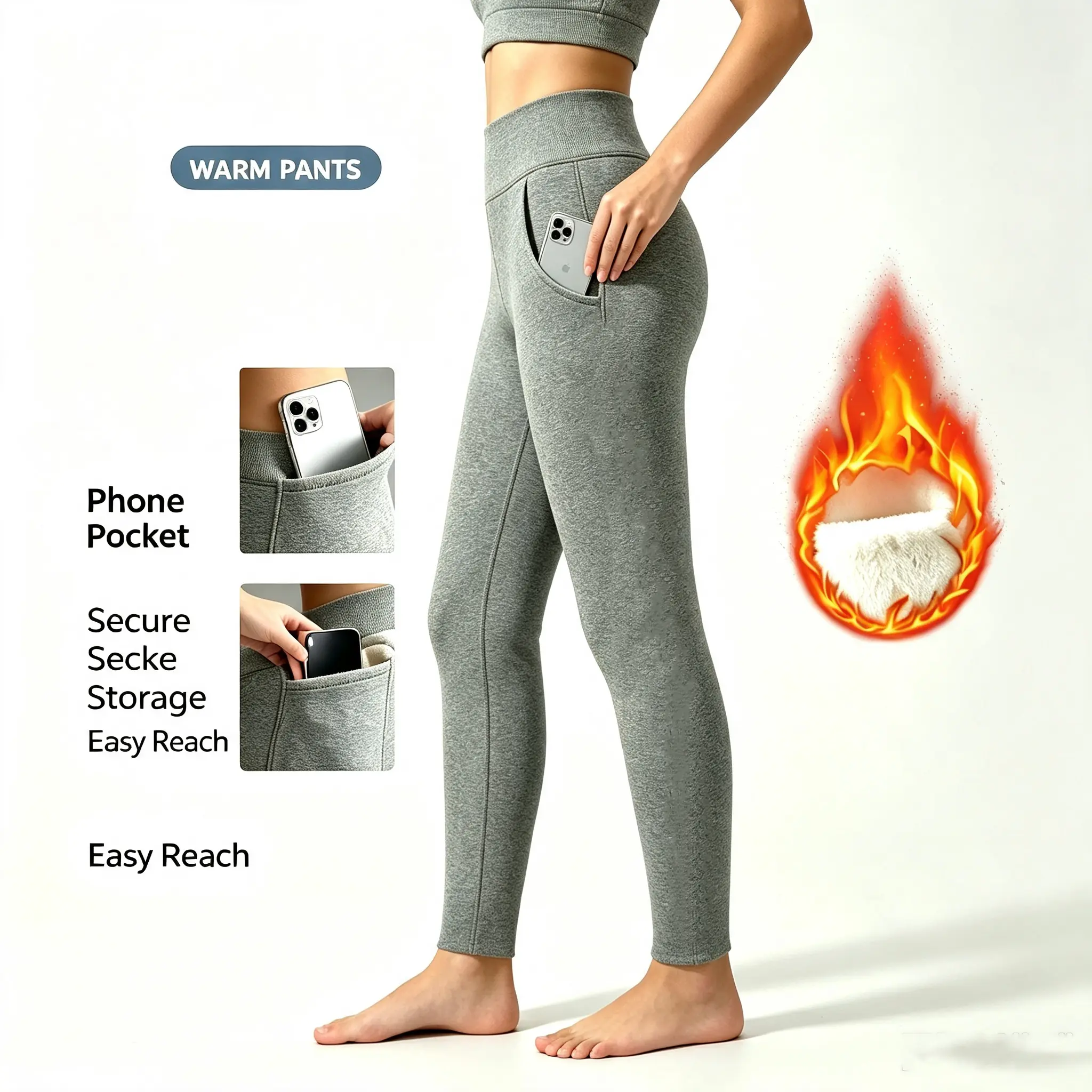 Women’s High Waist White Fleece Lined Thermal Leggings with Side Pockets, Minimal Outer Seam Soft High Stretch Warm Winter Pants for Daily Workout Home Lounging Outdoor Travel polyester gym buttery women clothes female