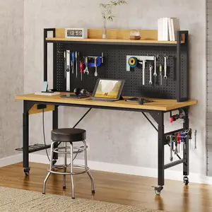 YINTATECH Adjustable Workbench 48" Heavy Duty Wood Top Rolling Table with Pegboard 1600 LBS Load Capacity AC USB Outlet Hooks Rack for Garage Workshop Office Home