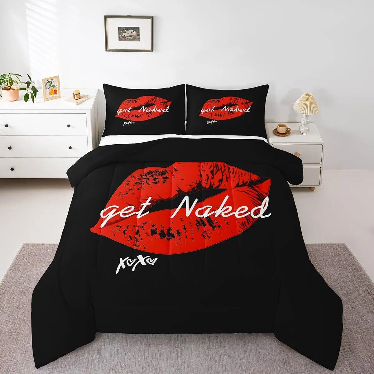 Sexy Red Lips Designer Comforter Set,Get Naked Comforter,Couple Lover Funny Quotes Luxury Bedding Set,Modern Fashion Stylish Black Red White Duvet Set, Bedroom Bedding Set, Decorative Bedding Set