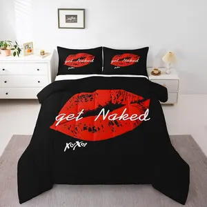 Sexy Red Lips Designer Comforter Set,Get Naked Comforter,Couple Lover Funny Quotes Luxury Bedding Set,Modern Fashion Stylish Black Red White Duvet Set