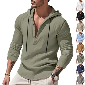 Spring and Autumn Long Sleeve Linen Shirt Men's Hooded Casual Loose T-Shirt Sweater Men