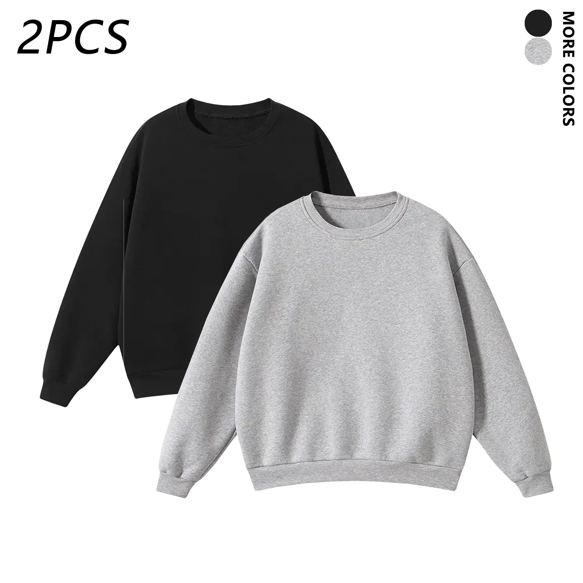 Men's 2-Pack Crew Neck Plain Long-Sleeve Pullover Sweatshirt - Loose-Fit, Lightweight Solid-Color Athletic Layering Top for Spring/Autumn Everyday Wear, Round Neck