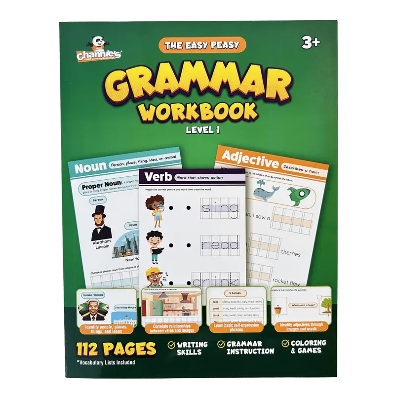 Channie's Easy Peasy Grammar Workbook Level 1 - Homeschooling & Classroom Education Textbook with Illustrations for Beginner Students Learning Nouns & Verbs