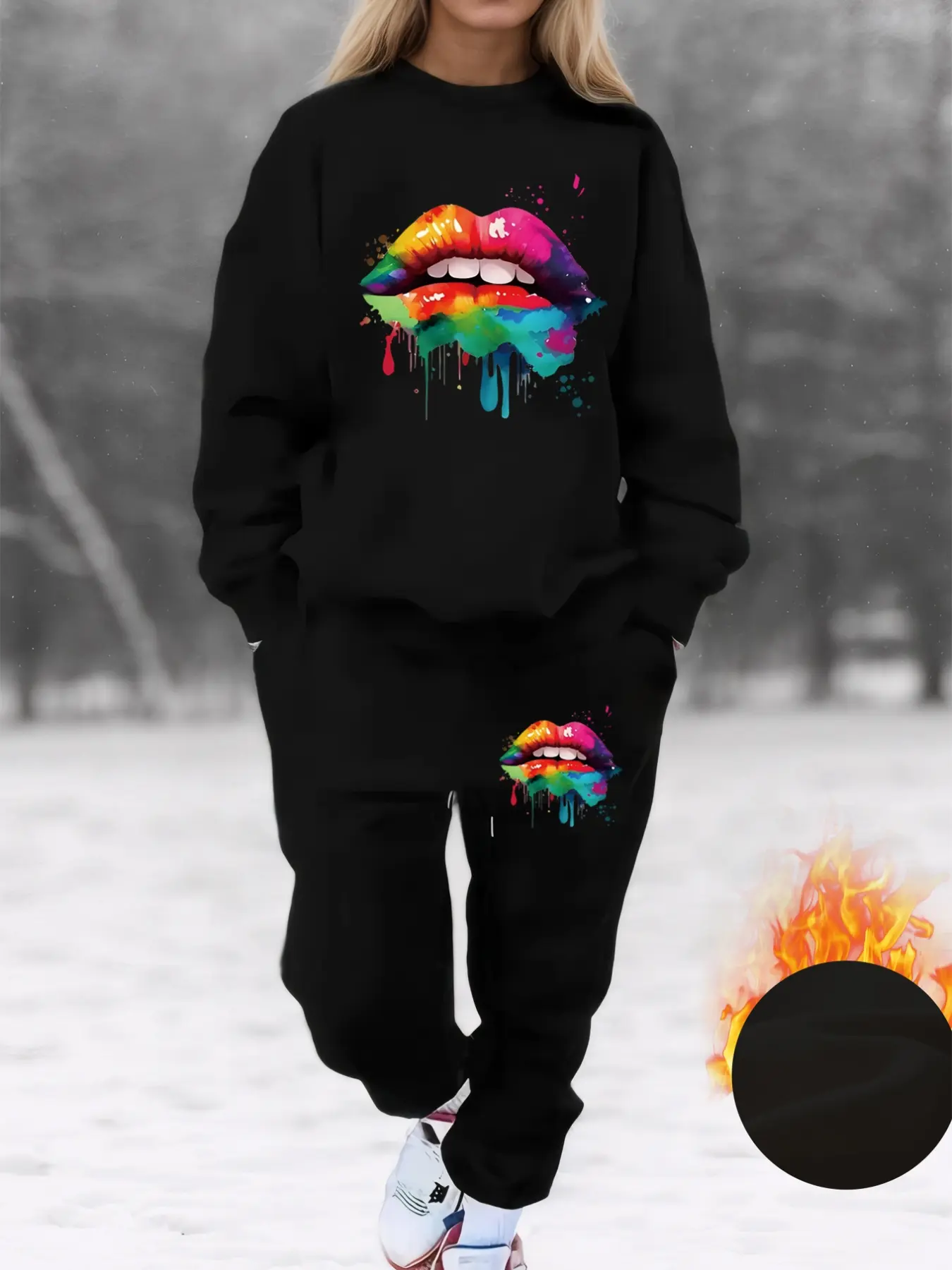 Women's Plus Size Fall Winter Fleece Sweatshirt Set, Colorful Lip Print Casual Streetwear Long Sleeve Round Neck Top Drawstring Pants Two-Piece