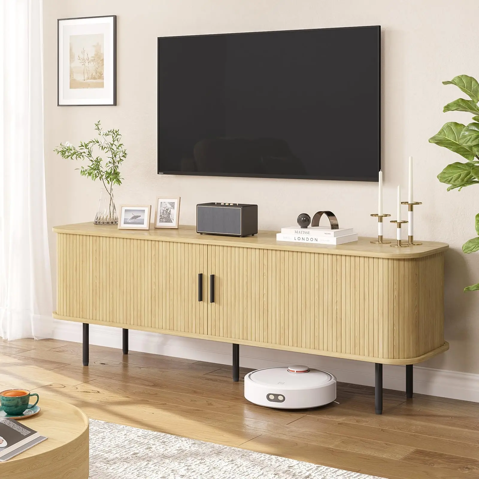[tiktokshopbacktoschool] Vabches 63" Natural Fluted TV Stand for TVs up to 75 Inch, Gaming Entertainment Center with Tambour Slatted Sliding Doors and Storage Cabinet, Media TV Consoles Table for Living Room, Office