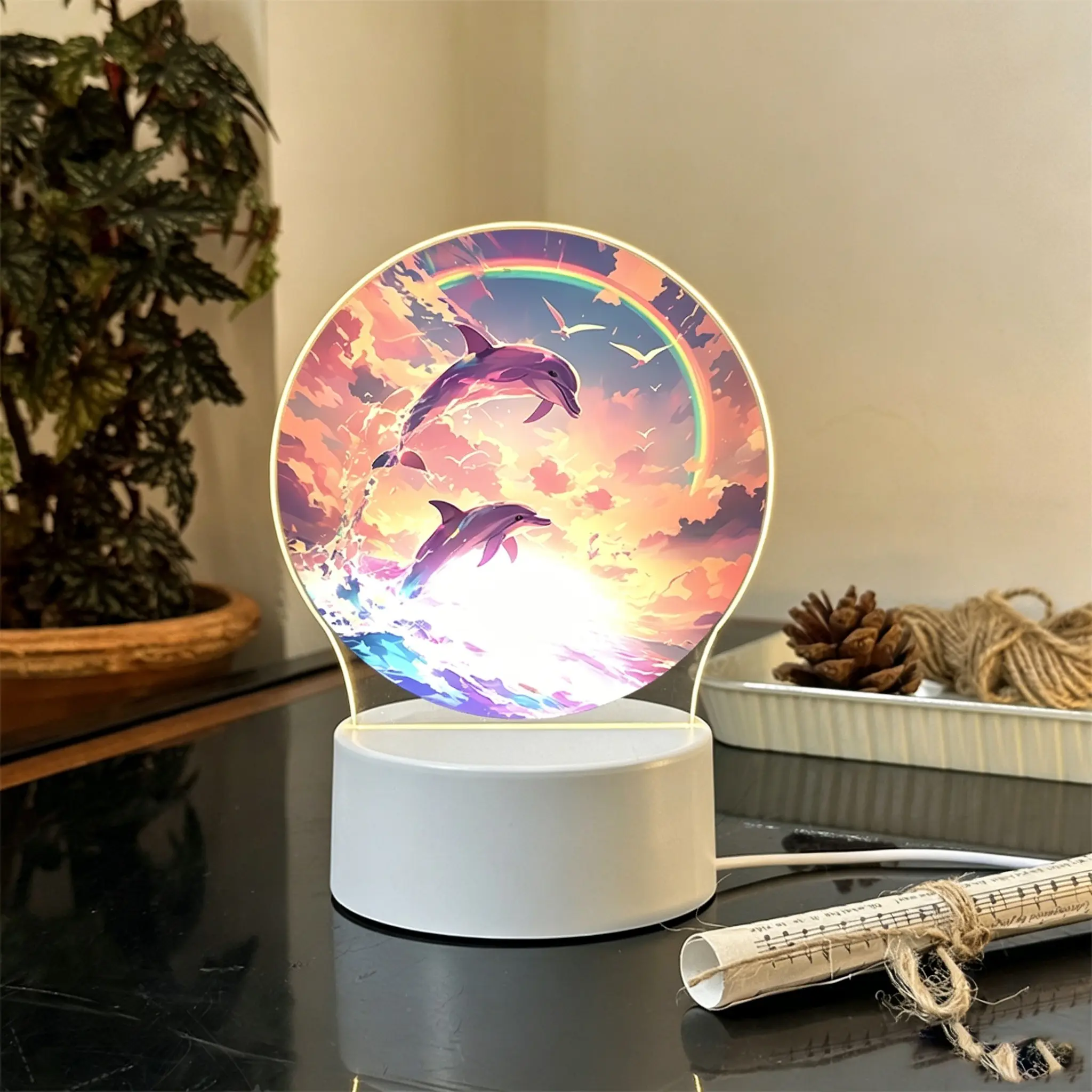 Beautiful Acrylic Night Light, USB Powered, Dreamy Dolphin Design, Ocean Theme Decoration, Perfect Gift for Marine Lovers