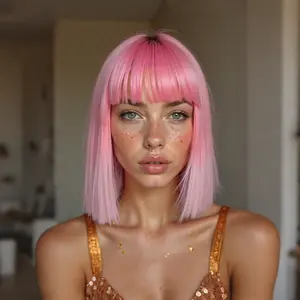 Straight Pink Wig with Bangs 12 Inch Short Pink Bob Wigs for Women Synthetic Colorful Cosplay Party Wig