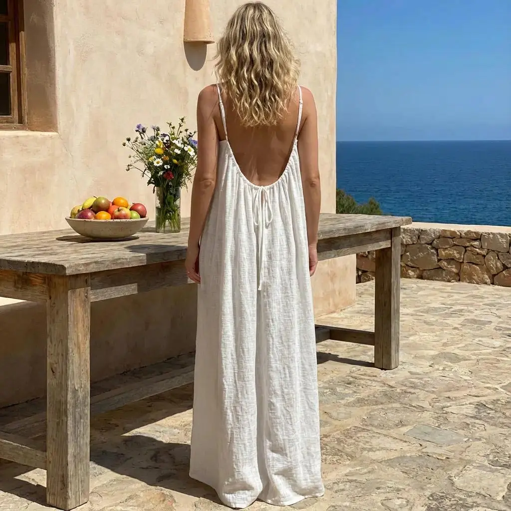 Women's halter top dress-Summer solid color sleeveless backless long dress-Casual home pajama-style nightgown-Beach vacation dress