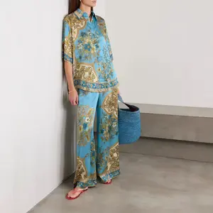 Women's Satin 2-Piece Lounge Set 2026: Vintage Floral Print Button Down Shirt & Long Pants - Soft Silk Pajamas for Home