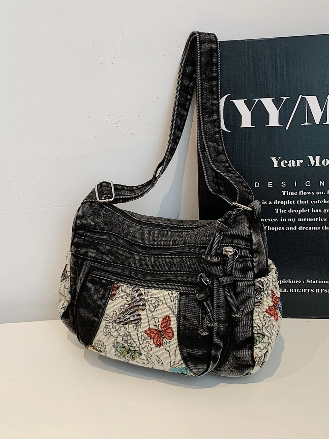 Vintage Washed Denim Butterfly Embroidery Crossbody Bag, Multi-Layer Large Capacity Adjustable Shoulder Bag, Y2K Bohemian Style Messenger Bag, Boho Bag