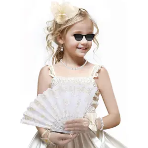KF5-HBA085 Girls Fascinator Tea Hat - Tea Party Set for 1920s Costume Party, Off White Church Top Hats with Pearl Necklace Earring Hand Fan and Lace Gloves Set