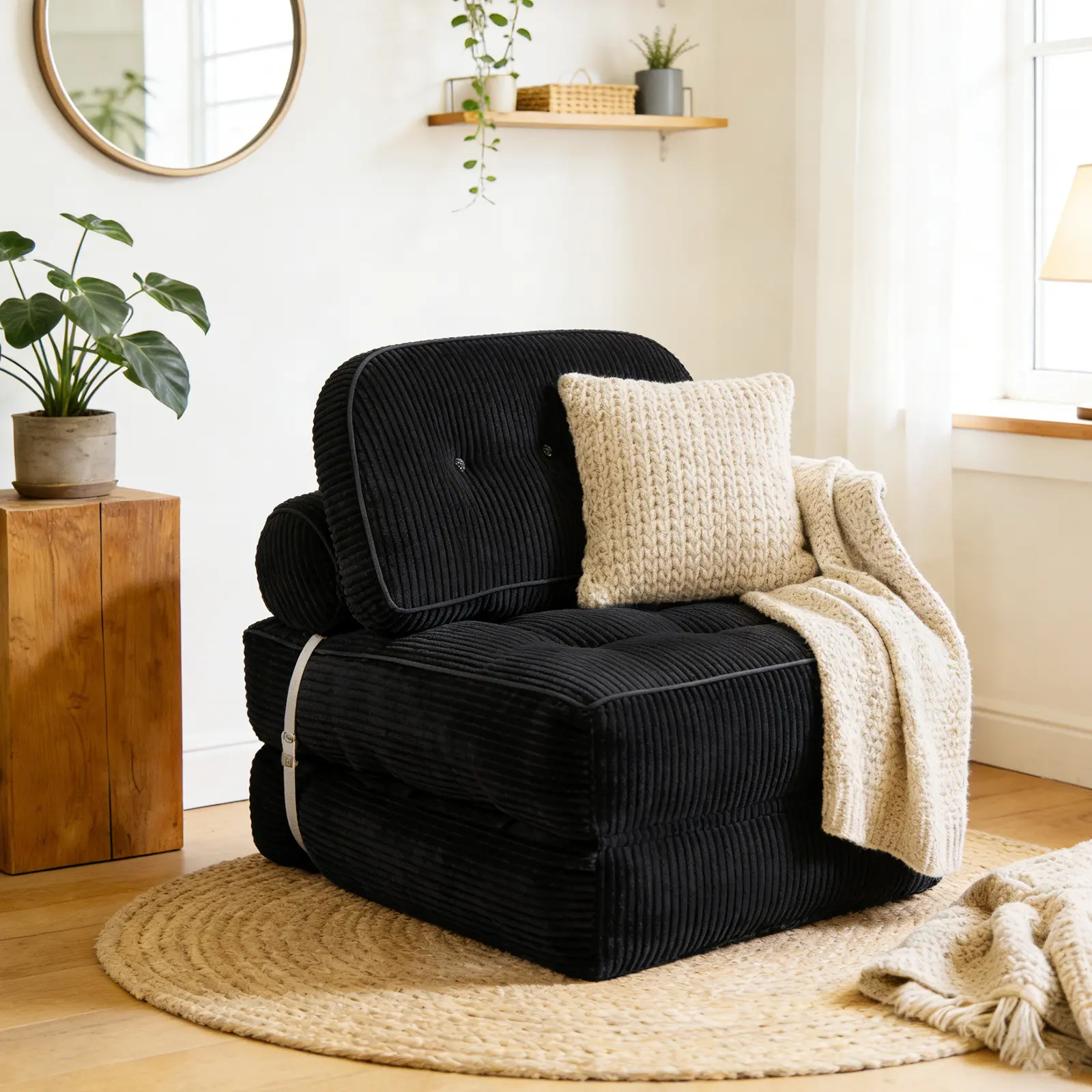 NESLAKO Minimalist Armless Corduroy Floor Sofa Chair - Flannel Seat, Durable Mattress-Style Foam, Matching Ottoman, Sturdy Removable Machine-Washable Cover, Convertible Sofa Bed, Stable Floor Grip, Hip/Back/Leg Support (Black)