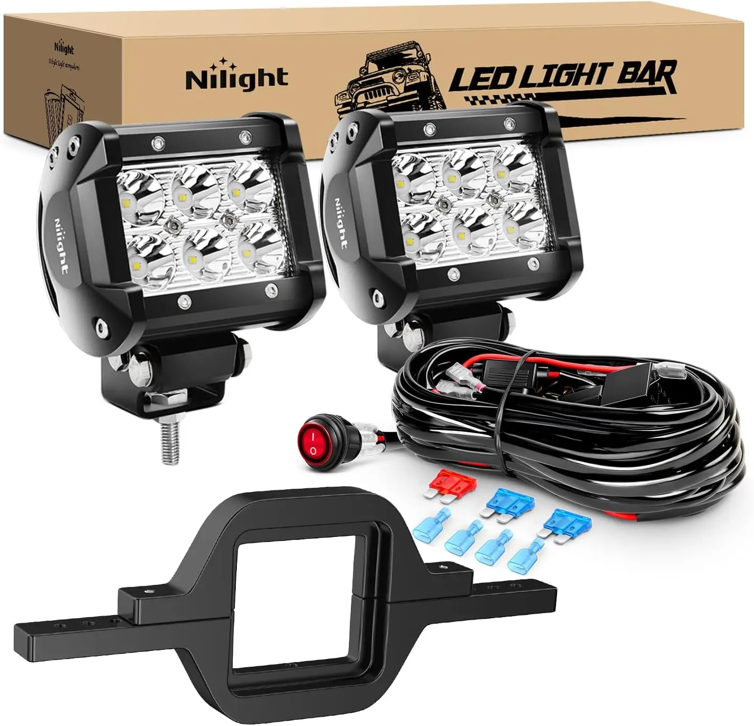 Nilight 2PCS 18W Spot Beam LED Car Lights - Off-Road Driving Fog Lights Bar with 2" Tow Hitch Aluminum Alloy Mounting Bracket & 2-Lead Wiring Harness Kit, Light Attachment Spotbars