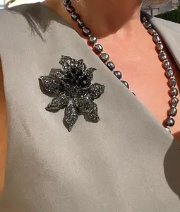 Vintage Black Rhinestone Orchid Unisex Brooch