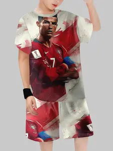 Portugal National Team Cristiano Ronaldo Fan Set, Dynamic Print Short Sleeve T-Shirt & Shorts, Classic Bull Sponsor Logo