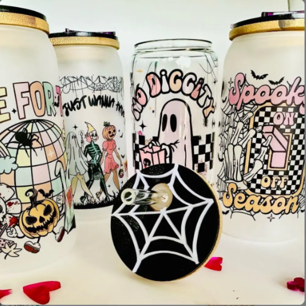 Spooky Chic 20 oz Glass Cup with Custom Spider Web Acrylic Topper ️ drinking water  bottle Frosted Glass Cup Drinkware Handmade Lid Reusable Stylish Aesthetic Halloween Straw