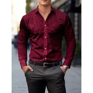 Men'S Burgundy Floral Print Dress Shirt - Elegant Long Sleeve with Ornate Design, Faux Shirt Collar & Waist, Perfect for Business or Casual Occasions, Dress Shirt Menswear Top