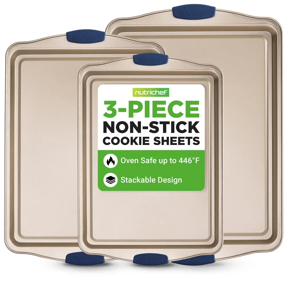 3-Piece Nonstick Bakeware Set - Champagne Gold | Carbon Steel Baking Tray Set with Blue Silicone Handles - Stackable Oven Pan Cookie Sheets - Heat Resistant Up to 446°F, Oven, Freezer & Refrigerator Safe - Home Baking