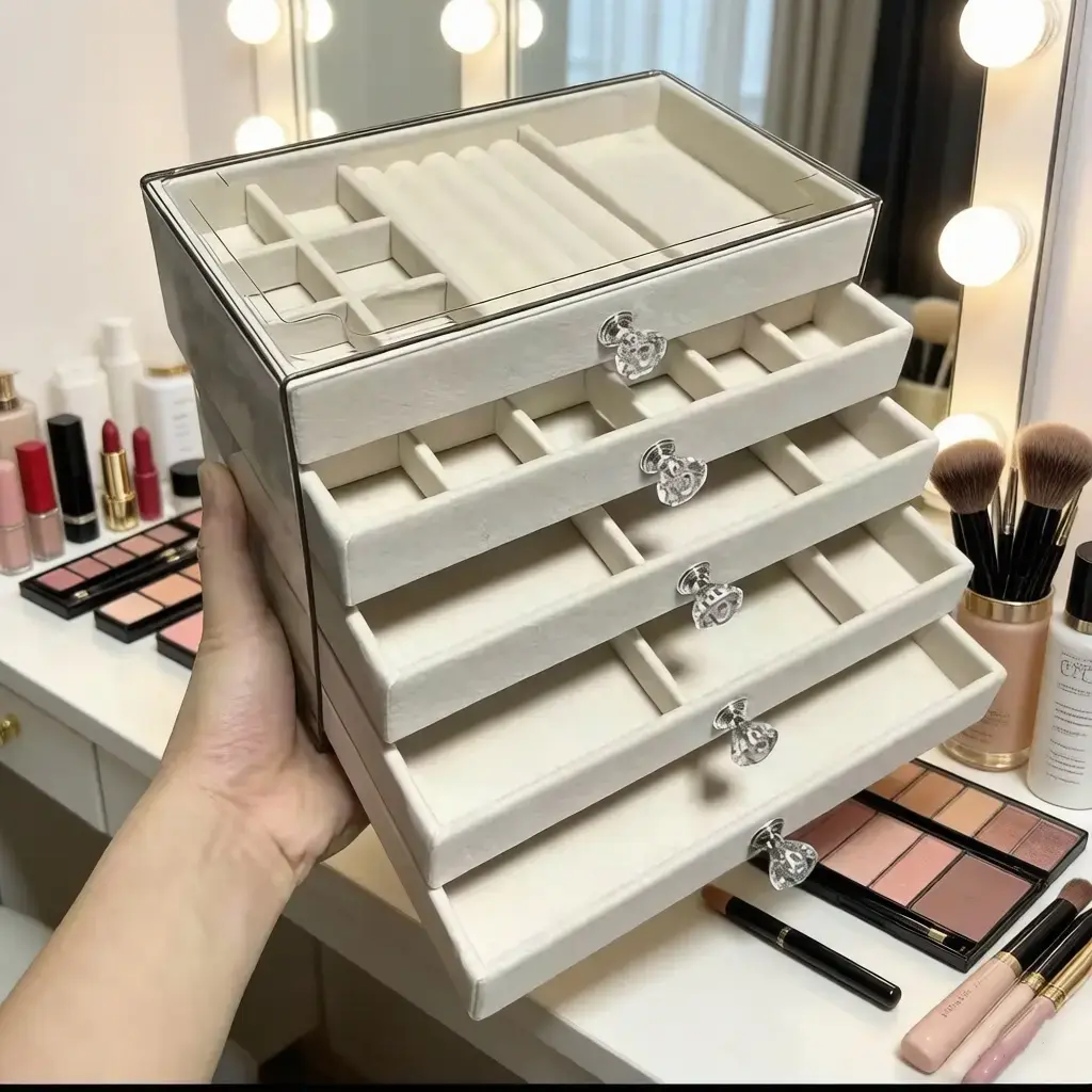 Clear Stackable Acrylic Jewelry Organizer Box | 5 Velvet Lined Drawers, Luxury Beige Vanity Storage Case for Earrings, Necklaces, Rings & Bracelets