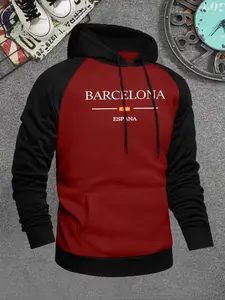 Men's Hooded Patchwork Two-Tone Sweatshirt, Casual Versatile Fashion Barcelona, Spanish Flag Print, Shoulder Sleeve Graphic Pullover