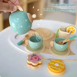 Wooden Tea Set, Afternoon Tea Sweet Cake Selling Teapot Cup Tea Set, Role Play Toy Game Set for Girls, Perfect Gift
