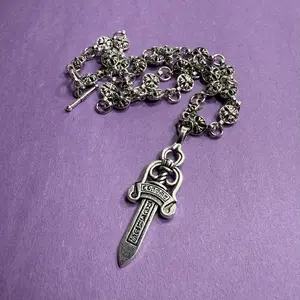 Heavyweight Dagger Necklace Vintage 50cm Unisex Stainless Steel Chain Jewelry with Unique Floral Design for Men and Women