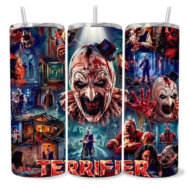 Terrifier 20 oz Tumbler - BPA Free, Stainless Steel, Leak Proof, Clear Lid, Includes Straw
