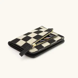 Women’s upgraded fabric wallet featuring a stylish, minimalist checkerboard pattern; multiple card slots for cards and bank cards; portable and lightweight; high-quality gold zipper and gold accents; small everyday carry wallet.