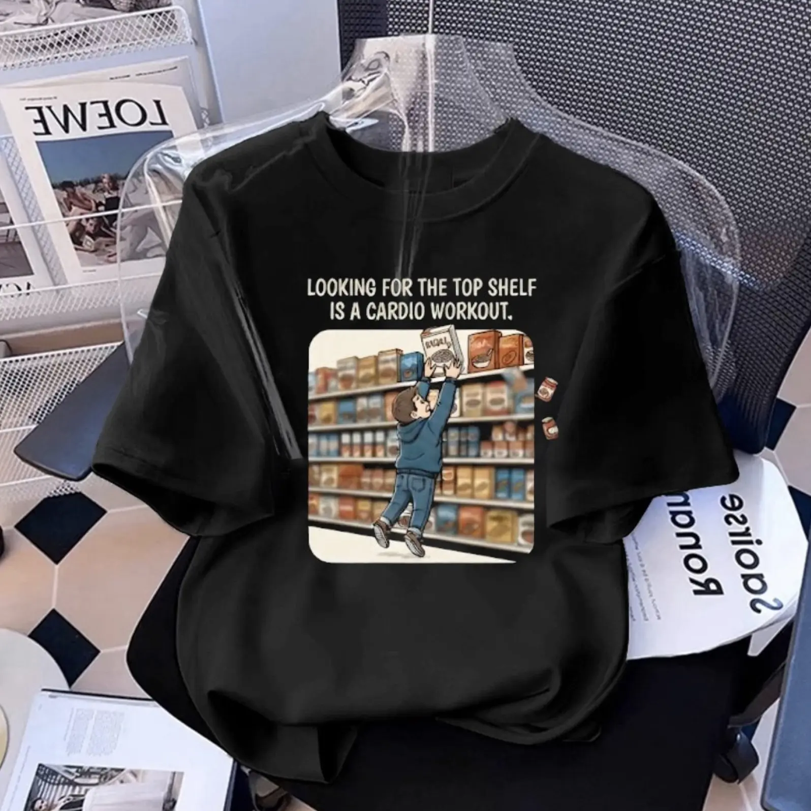 Humorous Short Joke Graphic Tee Casual Cotton Crewneck T-Shirt Top Shelf Workout Novelty Apparel