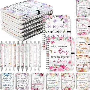 10 Sets Spanish Christian Gifts for Women A6 Floral Spiral Christian Notebook and Bible Ballpoint Pen Prayer Journal Religious Notepad Thanksgiving Day Gifts for Church Member Mother Women
