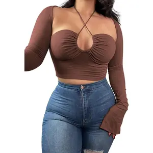 Women's Sexy Halter Criss Cross Tie Up Crop Top Basic Long Sleeve Cut Out T Shirt