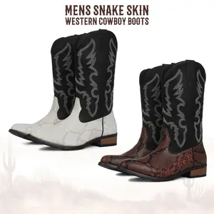 CYNLLIO Mens Cowboy Boots Snake Skin Pointed Toe Western Mid Calf Rattlesnake Boots Classic Embroidered Chunky Heel Pull on Work Country Festival Spring Boots Gifts for Him