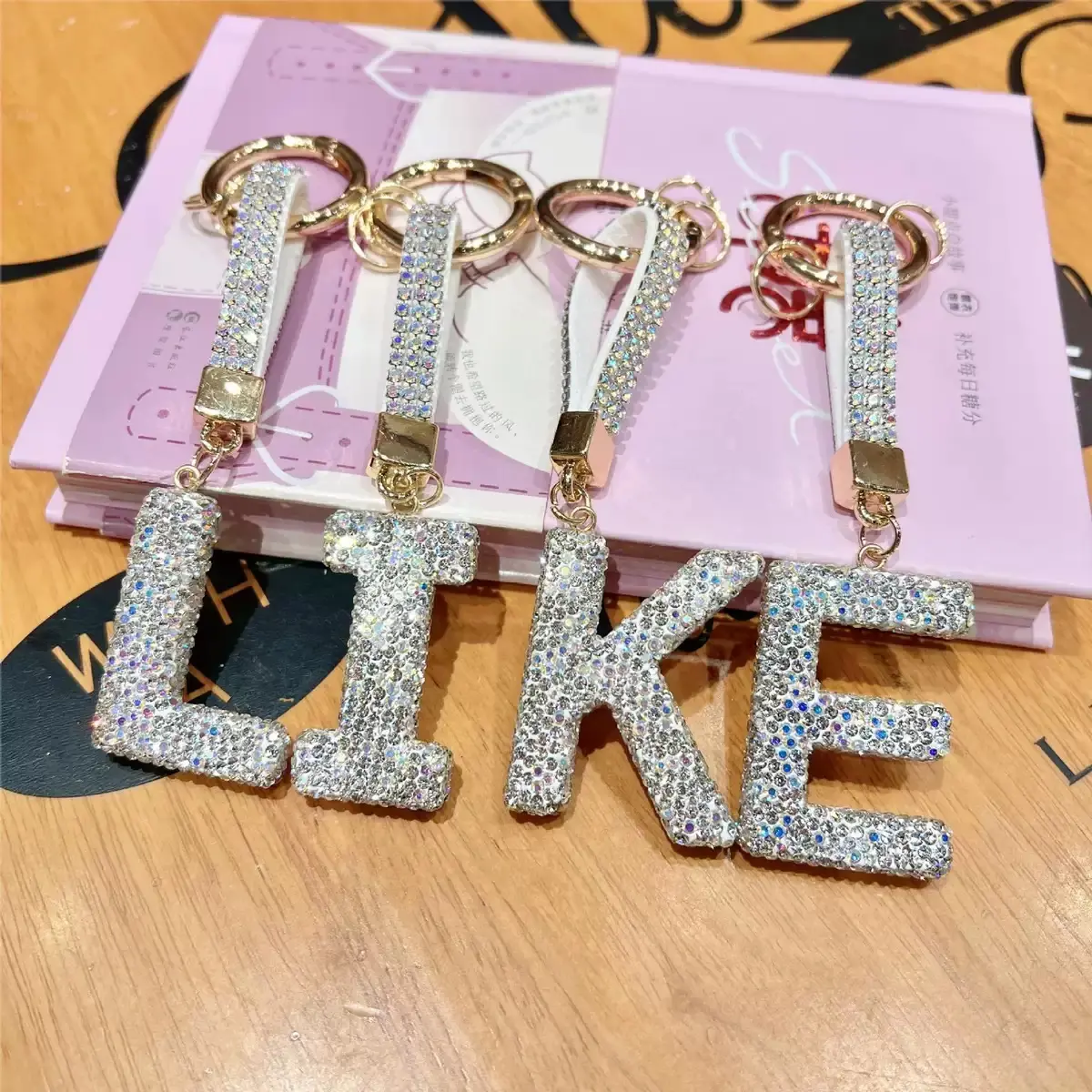 LIKE Keychain with Rhinestones, Gold Color, Decorative Design, Ideal for Keychains and Accessories