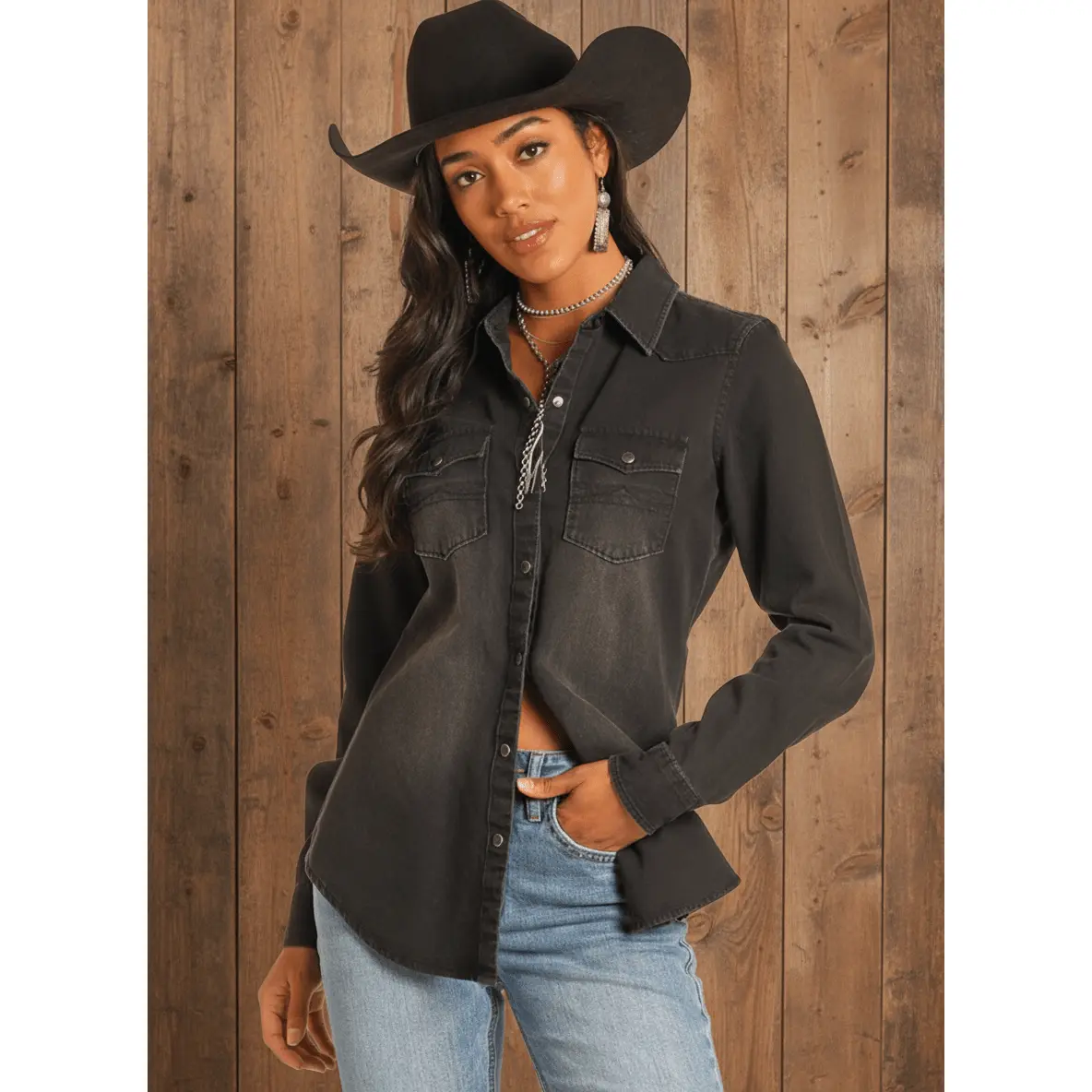 Women's Western Cowgirl Denim Shirt with Long Sleeves, Feminine Style with Pearl Snaps and Point Yoke Detailing, Soft, Blouse, Casual, Cotton, Fit, Authentic Rock & Roll Style, Button Front, Longsleeves, Tops, Comfortable, Essential, Everyday