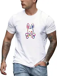 Men's Summer Casual Skull Rabbit Print Round Neck Short Sleeve T-Shirt, Fashionable Comfortable Daily Wear, Polyester Fabric Top