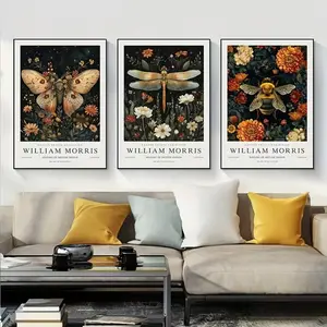3pcs William Morris Insect Flower Canvas Prints Dragonfly Butterfly Bee Animals Frameless Mural Living Room Bedroom Home Decoration Art Poster Wall Art Decoration Vintage Wall Art
