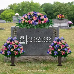 Pink Tulips and Purple Iris Cemetery Saddle and 2 Flower Arrangement Set - Mother's Day Cemetery Flowers - Pink and Purple Cemetery Flowers