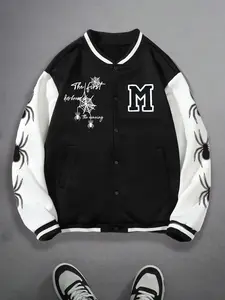 Unisex Y2K Style Fun spider and spider web print with letter M Print Baseball Jacket, Patchwork, Casual Fall Winter Streetwear, Trendy Men's Gift