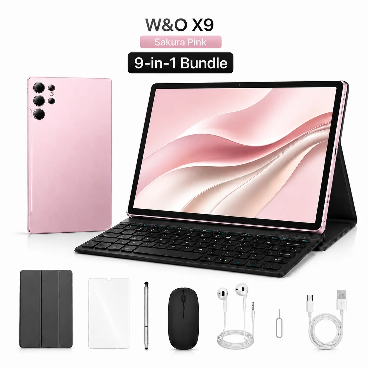 W&O X9 Android 15 Tablet, 10.1 Inch IPS Display, 8GB RAM 256GB ROM, 8000mAh Battery, Dual-Band WiFi, SIM + microSD Support, 9-in-1 Tablet Bundle with Keyboard, Mouse, Stylus & Case Birthday Bluetooth Camera Expandable Metallic Rear Screen Streaming tools