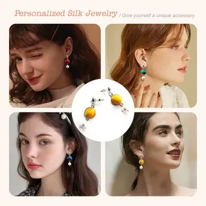 【Summer Gift】-Silk pendant earrings silver - Hypoallergenic multi-color silk jewelry natural plant dyeing
