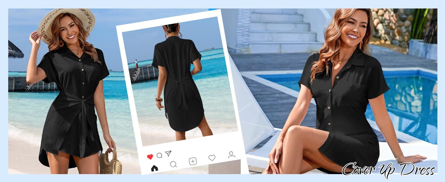Bsubseach Womens Swimsuit Coverup Short Sleeve Button Down Tie Beach Shirt Dresses Summer Bathing Suit Cover Up Swimwear