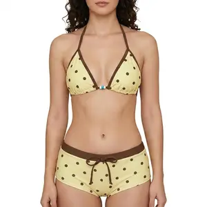 JointlyCreating Women's 2-Piece Polka Dot Bikini Set - Triangle Halter Top, Boyshorts for Sports, Outdoor Swimwear