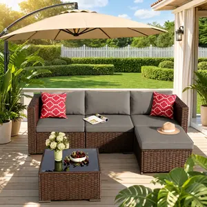 GIZOON 5-Piece Modern Wicker Rattan Patio Conversation Set - All-Weather Outdoor Sofa Sectional Furniture, Complete with Cushions and Glass Table (Grey), Wicker Rattan Set