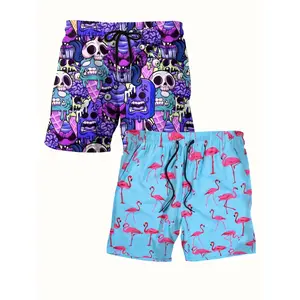 Trending 2‑PACK Men's Purple Monster & Blue Flamingo Print Shorts, Quick‑Dry Graphic Sportswear, Elastic Drawstring Waist with Pockets, Tropical Summer Streetwear Casual Outfit