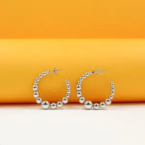 18K Rhodium Filled Beaded Open Hoop Earrings