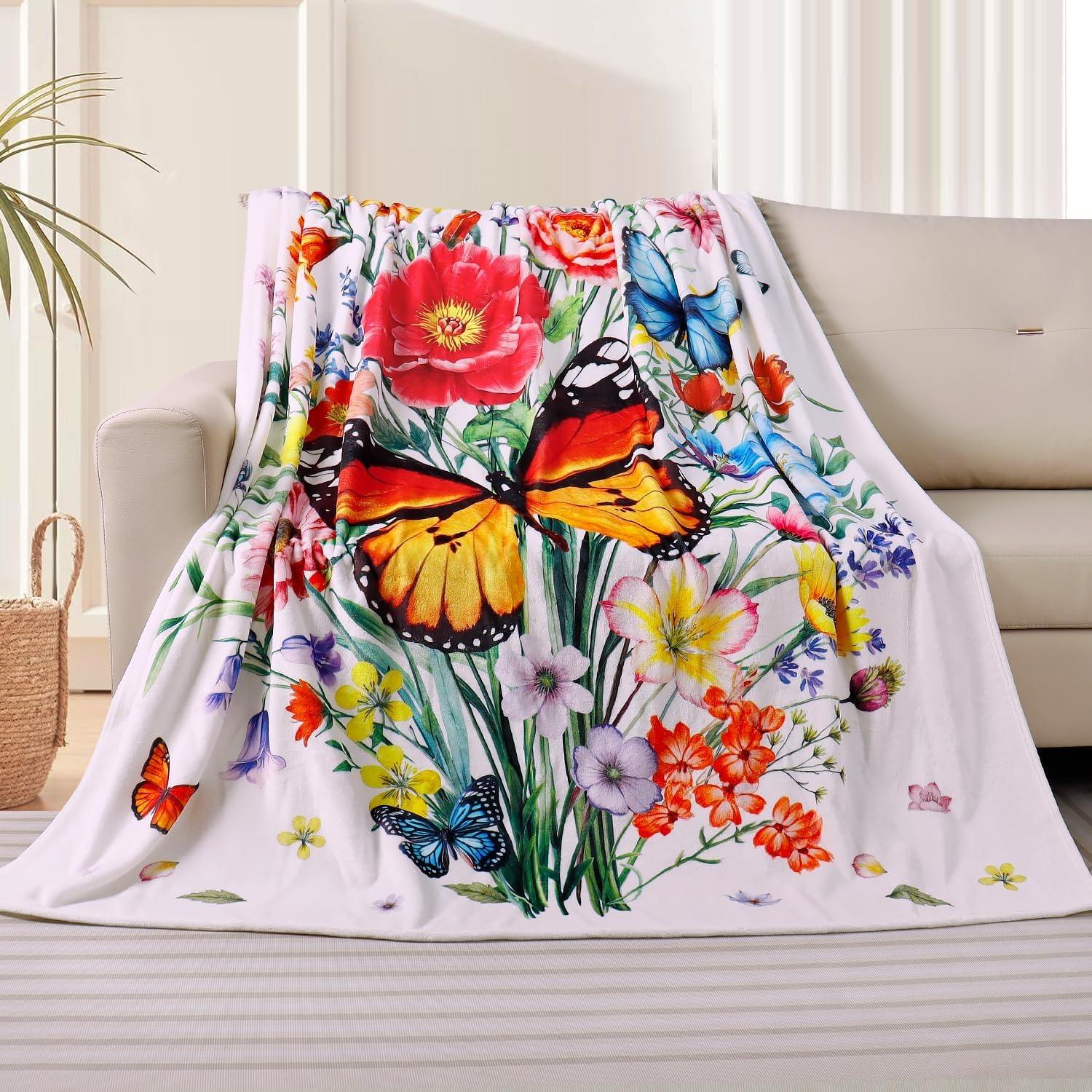 Floral Blanket Vintage Flowers Blankets Butterfly Wildflowers Throw Blanket Soft Cozy Flannel Fleece Throw Blanket Colorful Daisy Plants Bed Blanket for Couch Sofa, 50"×60"