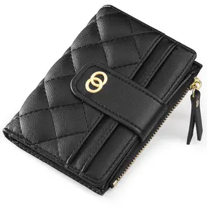 VTLASK Women's Slim Diamond-Quilted Leather Small Wallet - Bifold Credit Card Holder with ID Window, Zipper Coin Pocket