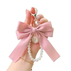 Pearl Bow Keychain, Cute Pink Bowknot & Pearl Keyring Charms, Aesthetic Keychain